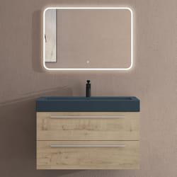 Sogood Meuble de Salle de Bains Chêne Clair Ensemble de 3 Pièces Meuble Suspendu avec Lavabo 90 cm et Miroir LED Design Quadratto