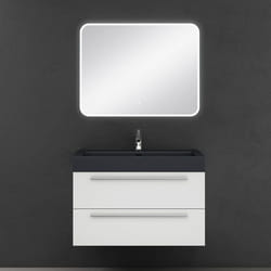 Sogood Meuble de Salle de Bains Blanc Mat Ensemble de 3 Pièces Meuble Suspendu avec Lavabo 90 cm et Miroir LED Design Quadratto