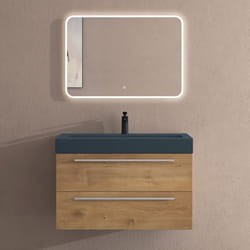 Sogood Meuble de Salle de Bains Marron Clair Ensemble de 3 Pièces Meuble Suspendu avec Lavabo 90 cm et Miroir LED Design Quadratto