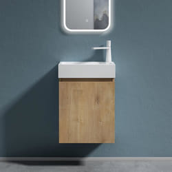 Sogood Petit Meuble de Salle de Bain Suspendu 46cm Aspect de Chêne Ensemble de 2 Pièces Meuble avec Lavabo Solid Surface Pisa02