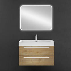 Sogood Meuble de Salle de Bains Marron Clair Ensemble de 3 Pièces Meuble Suspendu avec Lavabo 90cm et Miroir LED Quadratto