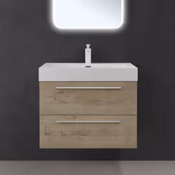 Sogood Meuble de Salle de Bain Quadratto 2 Parties Lavabo en Resine avec 2 Tiroirs 73x48x60cm Chêne clair