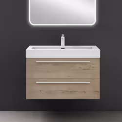 Sogood Meuble de Salle de Bain Quadratto 2 Parties Lavabo en Resine avec 2 Tiroirs 90x48x60cm Chêne clair