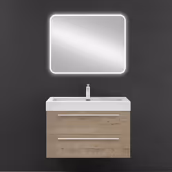 Sogood Meuble de Salle de Bains Chêne Clair Ensemble de 3 Pièces Meuble Suspendu avec Lavabo 90cm et Miroir LED Design Quadra ...