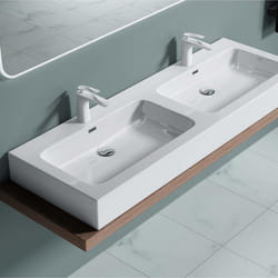 Double lavabo vasque à poser blanc brillant lave main Sogood Colossum830 140x48x13cm avec trop-plein