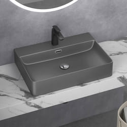 Sogood Lavabo à poser gris noir mat 42x42x12cm vasque suspendu en céramique lave mains de qualité pour salle de bain Meissen201-420