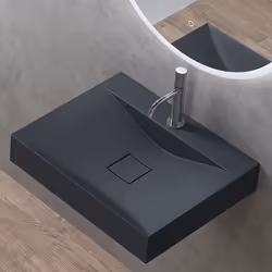 Sogood Vasque à Poser 60cm avec Bonde Lavabo Suspendu Gris Noir Mat Colossum810 Fonte Minérale Solid Surface 60x48x12cm