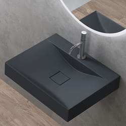 Sogood Vasque à Poser 60cm avec Bonde Lavabo Suspendu Gris Noir Mat Colossum810 Fonte Minérale Solid Surface 60x48x12cm