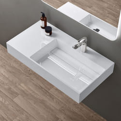 Sogood Lavabo Suspendu Blanc 100cm Vasque à Poser avec Bonde Lave Mains Rectangulaire 100x48x13cm Colossum12-R