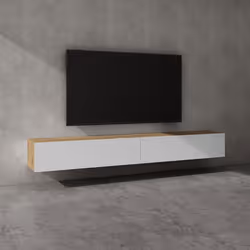 Sogood Meuble TV Bas 240 cm Armoire TV Marron Clair + Blanc Mat Table de Télévision Salon avec Portes Meuble TV Suspendu MBTV ...