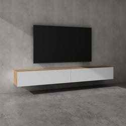 Sogood Meuble TV Bas 240 cm Armoire TV Marron Clair + Blanc Mat Table de Télévision Salon avec Portes Meuble TV Suspendu MBTV02