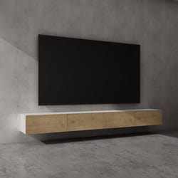 Sogood Meuble TV Bas 280 cm Armoire TV Blanc Mat + Marron Clair Table de Télévision Salon avec Portes Meuble TV Suspendu MBTV02