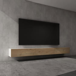 Sogood Meuble TV Bas 300 cm Armoire TV Blanc Mat + Marron Clair Table de Télévision Salon avec Portes Meuble TV Suspendu MBTV02