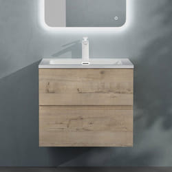 Sogood Meuble de Salle de Bain Suspendu Chêne Clair 60x48x50cm Ensemble de 2 Pièces Meuble avec Lavabo Solid Surface Design Aqualis