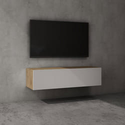 Sogood Meuble TV Bas 120 cm Armoire TV Marron Clair + Blanc Mat Table de Télévision Salon avec 2 Portes Meuble TV Suspendu MBTV02