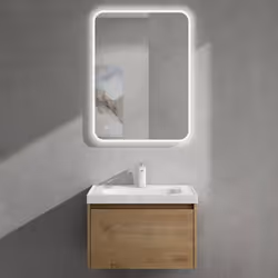 Sogood Meuble de Salle de Bains Marron Clair Ensemble de 3 Pièces Meuble Suspendu avec Lavabo et Miroir LED 60cm Salerno