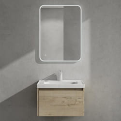 Sogood Meuble de Salle de Bains Chêne Blanc Clair Ensemble de 3 Pièces Meuble avec Lavabo et Miroir LED 60cm avec Soft-Close