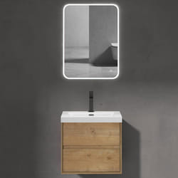 Sogood Meuble de Salle de Bains Marron Clair Ensemble de 3 Pièces Meuble avec Lavabo et Miroir LED Meuble 60cm avec Soft-Close Rimo