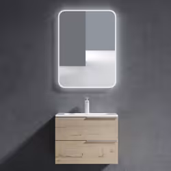 Sogood Meuble de Salle de Bain Ensemble de 3 Pièces Meuble avec Lavabo et Miroir LED 60x48x47cm Meuble Chêne Clair Paestum
