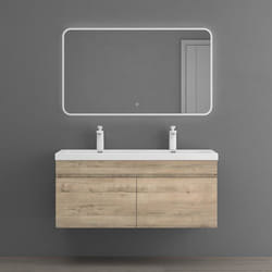Sogood Meuble de Salle de Bain Chêne Clair Ensemble de 3 Pièces Meuble avec Lavabo 120cm et Miroir LED Botanica avec 2 Tiroirs