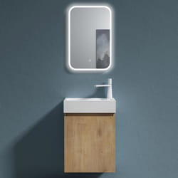 Sogood Petit Meuble de Salle de Bain Suspendu 46cm Aspect de Chêne Ensemble de 3 Pièces Meuble avec Lavabo et LED Miroir Pisa02