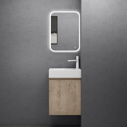 Sogood Petit Meuble de Salle de Bain Suspendu 46cm Chêne Clair Ensemble de 3 Pièces Meuble avec Lavabo et LED Miroir Pisa02