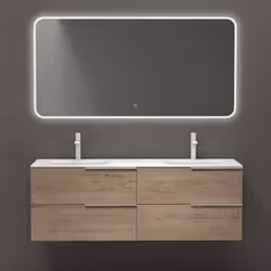 Sogood Meuble de Salle de Bains 144 cm avec Double Lavabo Ensemble de 3 Pièces Vasque Miroir LED et Meuble Chêne Clair Vaness ...