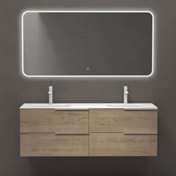 Sogood Meuble de Salle de Bains 144 cm avec Double Lavabo Ensemble de 3 Pièces Vasque Miroir LED et Meuble Chêne Clair Vanessa