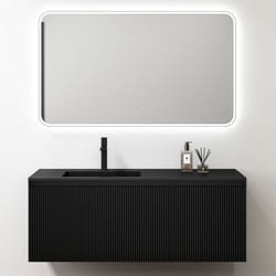 Sogood Meuble de Salle de Bains Suspendu 120x50x46 cm avec Lavabo Ensemble de 3 Pièces Vasque LED Miroir Noir Mat Santa