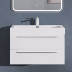 Sogood Meuble de Salle de Bains Blanc Mat Ensemble de 2 Pièces Meuble Suspendu avec Lavabo 90 cm Design Quadratto