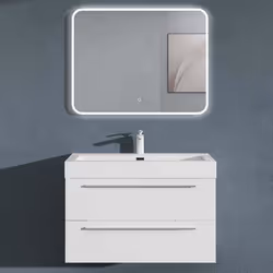 Sogood Meuble de Salle de Bains Blanc Mat Ensemble de 3 Pièces Meuble Suspendu avec Lavabo 90 cm et Miroir LED Design Quadrat ...