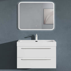 Sogood Meuble de Salle de Bains Blanc Mat Ensemble de 3 Pièces Meuble Suspendu avec Lavabo 90 cm et Miroir LED Design Quadratto