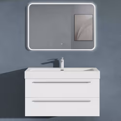 Sogood Meuble de Salle de Bains Blanc Mat Ensemble de 3 Pièces Meuble Suspendu avec Lavabo 100 cm et Miroir LED Design Quadra ...
