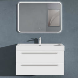 Sogood Meuble de Salle de Bains Blanc Mat Ensemble de 3 Pièces Meuble Suspendu avec Lavabo 100 cm et Miroir LED Design Quadratto