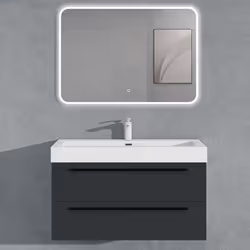 Sogood Meuble de Salle de Bains Gris Noir Mat Ensemble de 3 Pièces Meuble Suspendu avec Lavabo 100 cm et Miroir LED Quadratto