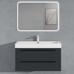 Sogood Meuble de Salle de Bains Gris Noir Mat Ensemble de 3 Pièces Meuble Suspendu avec Lavabo 100 cm et Miroir LED Quadratto