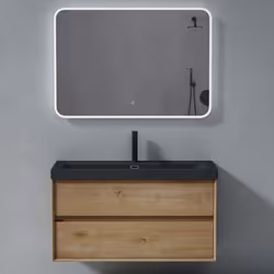 Sogood Meuble de Salle de Bains Marron Clair 3 Pièces Meuble avec Lavabo et Miroir LED Meuble sous-lavabo Suspendu 100cm Rimo