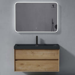 Sogood Meuble de Salle de Bains Marron Clair 3 Pièces Meuble avec Lavabo et Miroir LED Meuble sous-lavabo Suspendu 100cm Rimo