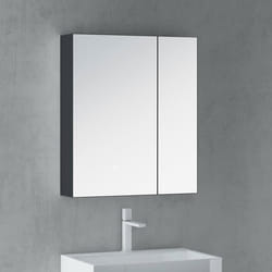 Sogood Armoire Murale Salle de Bain avec Miroir LED Placard de Rangement Gris Noir Mat en Bois Meuble Haut2 Portes 60x15x70 cm S04
