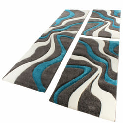 Paco Home - Tour De Lit Tapis De Couloir Motif à Vagues Abstrait Turquoise Gris 3 Pièces 2x 80x150 / 1x 80x300 cm
