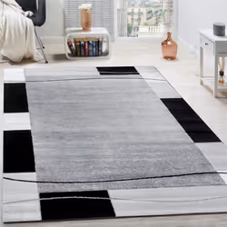 Tapis De Créateur Contemporain à Lignes Et Carreaux En Gris Crème Noir  [60x100 cm]