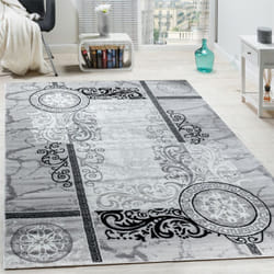 Paco Home - Tapis Design Moderne Chiné Floral Avec Motif Méandre Cercles Gris Noir 80x150 cm