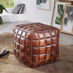 Tabouret en cuir marron rétro FineBuy - Petit rembourré ottoman repose-pied carré 39x41x39 cm