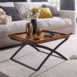 Table Basse Bois Massif Métal 63x39x63cm - FINEBUY - Style industriel - Verni - Marron foncé