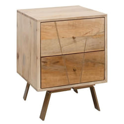 Table de chevet en bois massif FINEBUY - Design oriental - 2 tiroirs amovibles - Marron naturel brillant