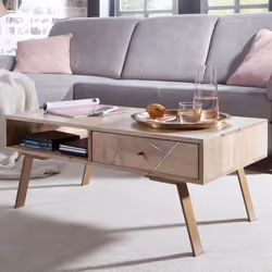Table Basse Bois Massif Métal 95x42x50cm - FINEBUY - Style Maison de Campagne - Blanc - Rectangulaire