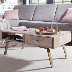 Table Basse Bois Massif Métal 95x42x50cm - FINEBUY - Style Maison de Campagne - Blanc - Rectangulaire