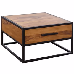 Table Basse Bois Massif Métal 65x38x65 cm - FINEBUY - Style industriel - Marron foncé - Verni