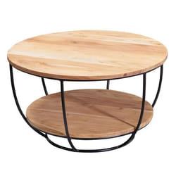 Table Basse Bois Massif - FINEBUY - Style Industriel - 2 Plateaux - Rond