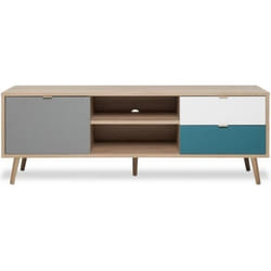 Meuble Tv 1 Porte 2 Tiroirs 150x40x52 Cm Naturel Et Bleu - Bauleo